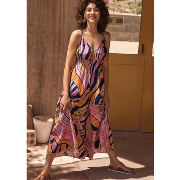 Anthro Maeve Finley Abstract Print V-Neck Sleeveless Wide Leg Jumpsuit - Picture 2 of 10